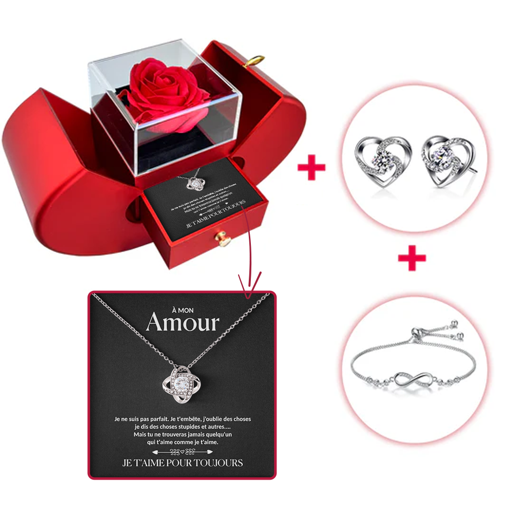 À mon âme sœur - Collier en vraie rose + Bracelet en argent + Boucles d'oreilles en argent