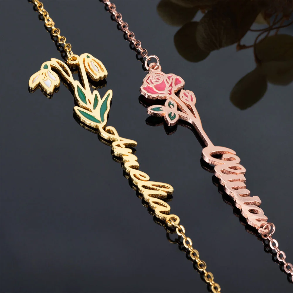 Collier personnalisé pour femmes avec nom en pierre et fleur de naissance Cadeau d'anniversaire