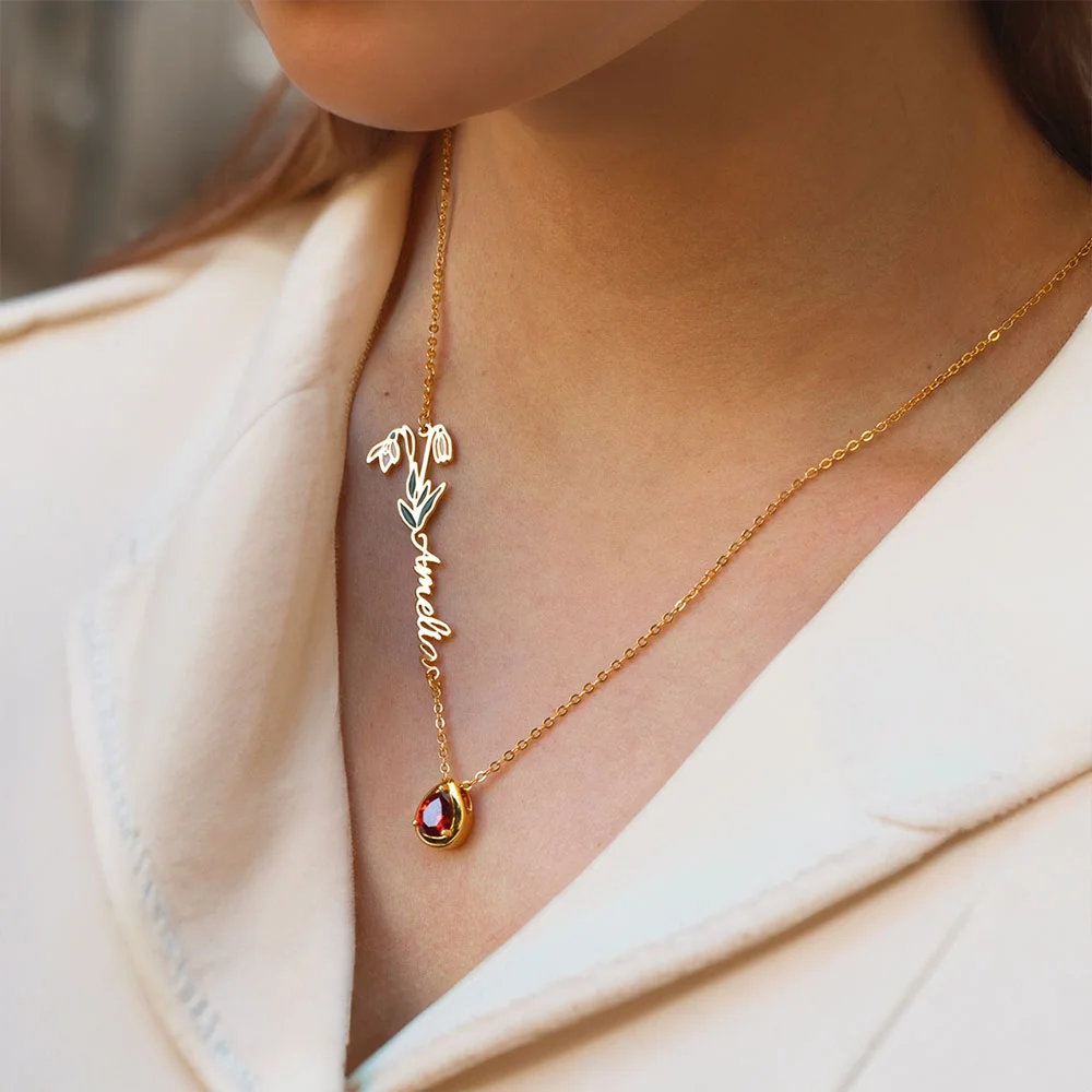 Collier personnalisé pour femmes avec nom en pierre et fleur de naissance Cadeau d'anniversaire