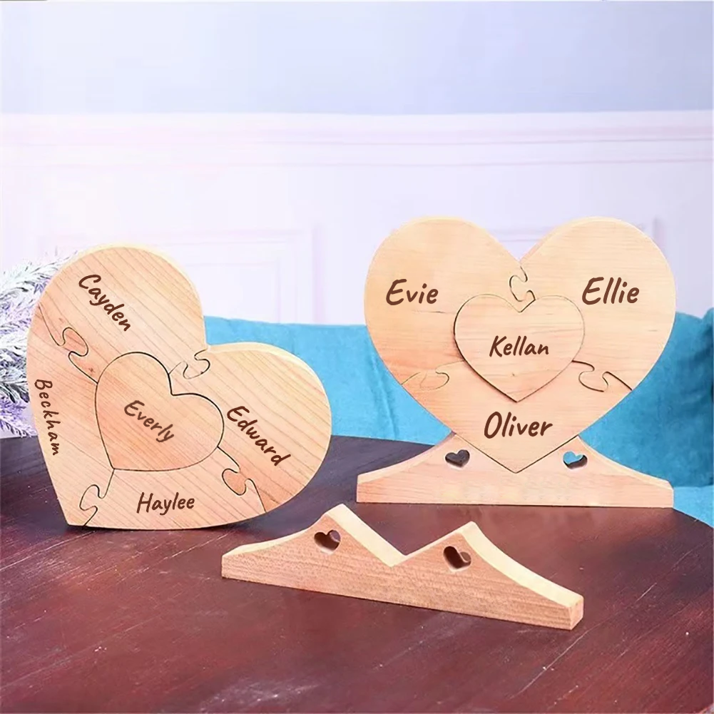 Coeurs en bois - Décoration puzzle familial