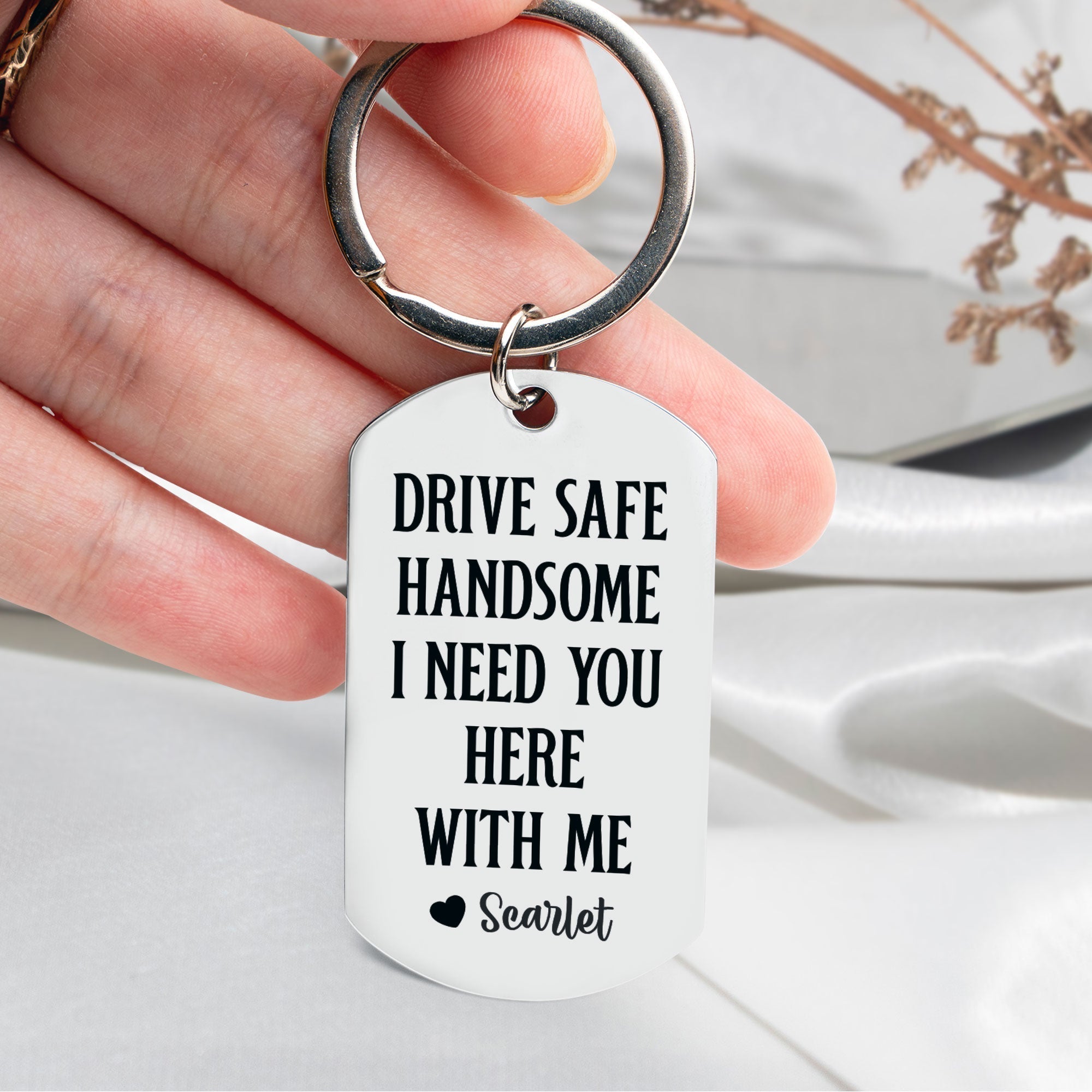 Drive Safe - Porte-clés personnalisé en acier inoxydable gravé